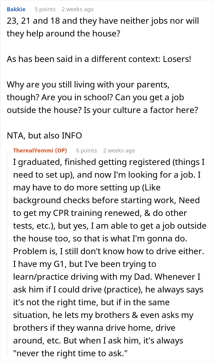 Reddit discussion about woman boycotting chores at sexist parents' house until her brothers help clean and share duties.