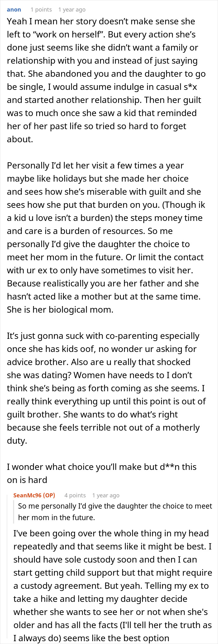 Screenshot of online discussion about a man raising newborn alone and dealing with his ex reappearing after three years. Screenshot of online discussion about a man raising newborn alone and dealing with his ex reappearing after three years.