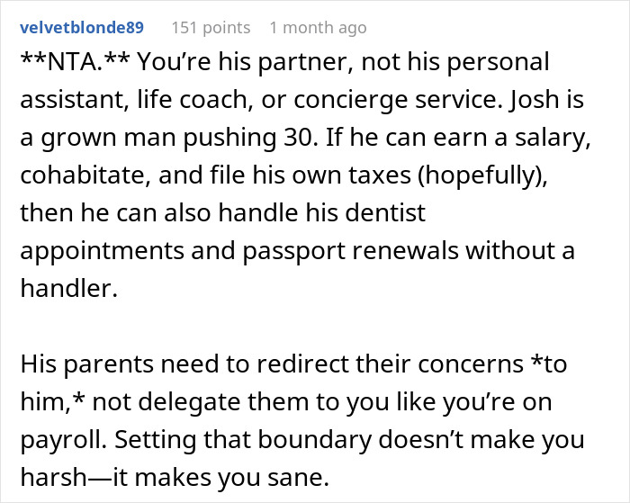 Comment discussing helicopter parents treating 29-year-old son’s girlfriend like a nanny and daily planner. Comment discussing helicopter parents treating 29-year-old son’s girlfriend like a nanny and daily planner.