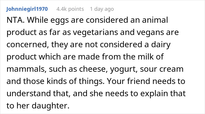 Comment explaining that eggs are animal products but not dairy products, clarifying common confusion about eggs and dairy. Comment explaining that eggs are animal products but not dairy products, clarifying common confusion about eggs and dairy.