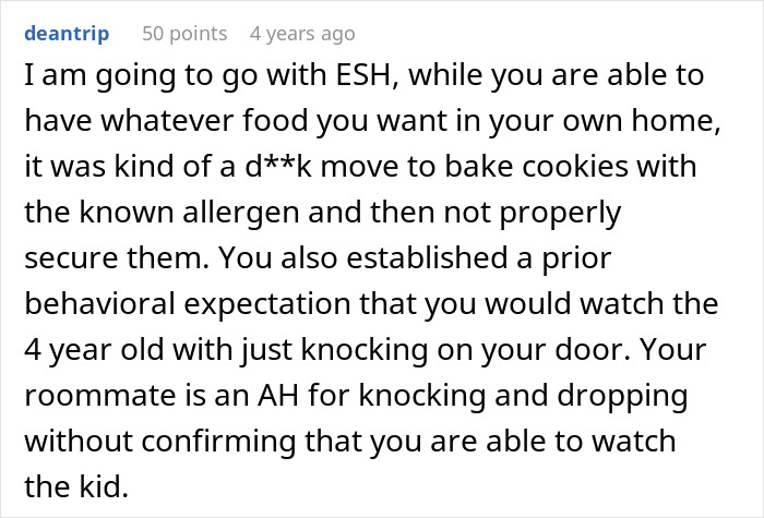 Text from a user discussing refusal to pay medical bills after a roommate's son had an allergic reaction and related responsibility.