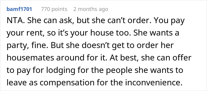 Comment discussing student asked to leave house during roommate’s party and questions guest comfort justification.