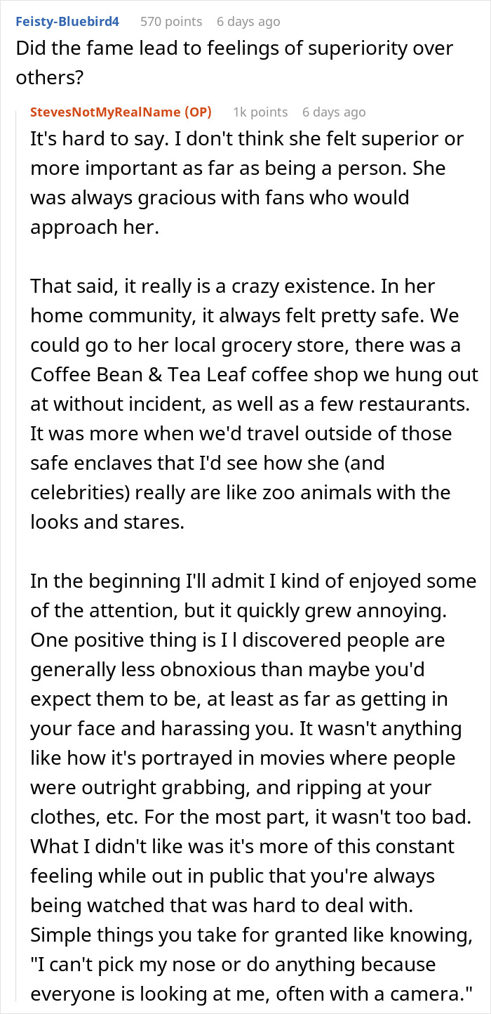 Reddit user shares experience dating a famous actress, describing the challenges of fame and public attention.