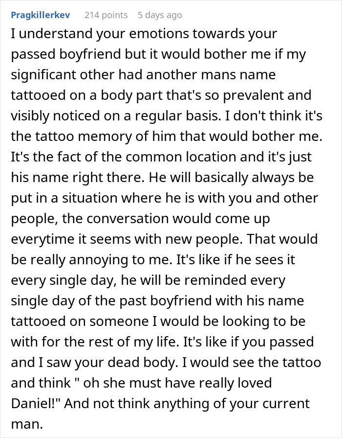 Man demands girlfriend remove tattoo honoring late boyfriend, feeling like he is second best in the relationship.