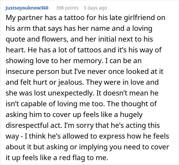 Reddit comment explaining partner's late girlfriend tattoo causing insecurity and demands to remove it, relationship tension. Reddit comment explaining partner's late girlfriend tattoo causing insecurity and demands to remove it, relationship tension.