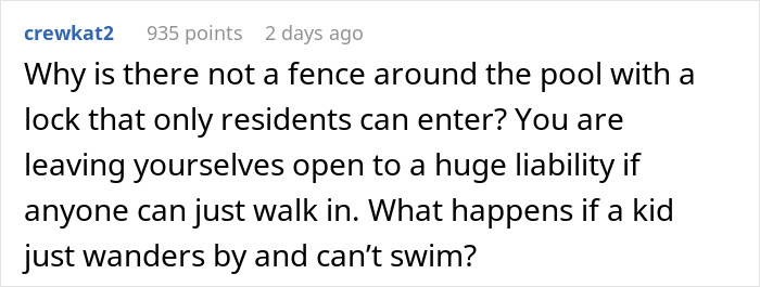 Comment discussing the condo pool access rules and liability concerns about non-residents entering the area.