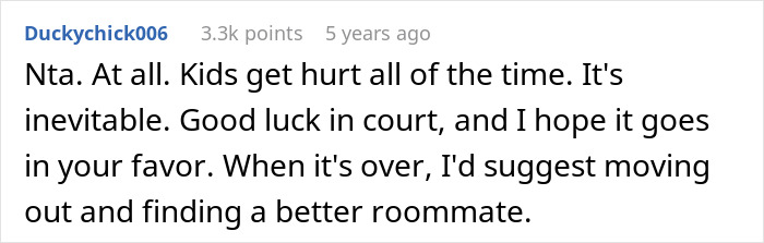 Reddit comment discussing a roommate vanishing with ex, leaving guy with kid, and blaming him after she gets hurt.