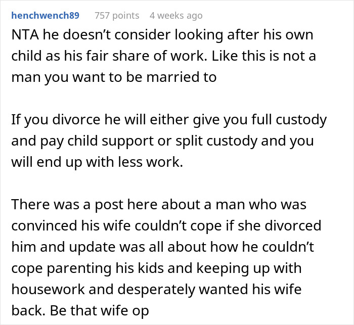 Comment discussing refusal of husband to help with their child and its impact on marriage and custody options. Comment discussing refusal of husband to help with their child and its impact on marriage and custody options.