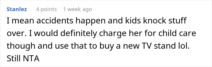 Comment discussing charging a friend for her daughter damaging furniture and using the fee to buy a new TV stand. Comment discussing charging a friend for her daughter damaging furniture and using the fee to buy a new TV stand.