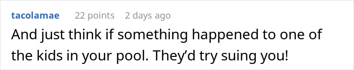 Screenshot of an online comment discussing neighbors sending their relatives to use a pool without consent. Screenshot of an online comment discussing neighbors sending their relatives to use a pool without consent.