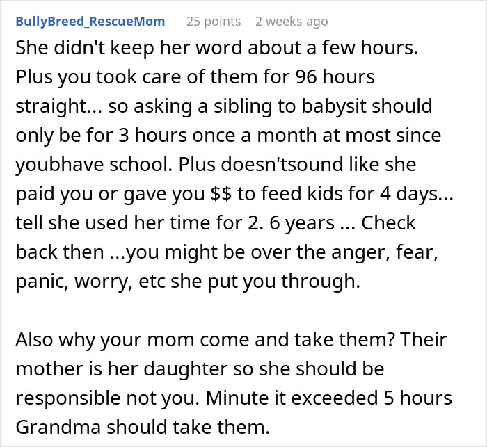 Text post discussing sister leaving 18-year-old with two kids for four days, calling it no big deal. Text post discussing sister leaving 18-year-old with two kids for four days, calling it no big deal.