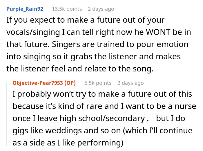 Reddit comments discussing a guy not liking how his girlfriend connects with a song she performs at school. Reddit comments discussing a guy not liking how his girlfriend connects with a song she performs at school.