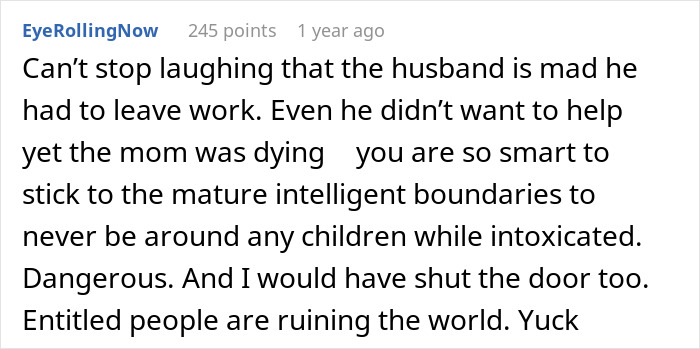 Comment discussing a guy refusing to watch kids during an emergency while under the influence, causing sister's anger. Comment discussing a guy refusing to watch kids during an emergency while under the influence, causing sister's anger.