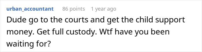 Screenshot of a comment advising a man raising newborn alone to seek child support and full custody after ex reappears. Screenshot of a comment advising a man raising newborn alone to seek child support and full custody after ex reappears.