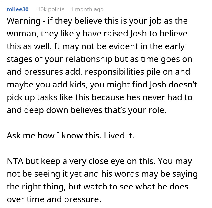 Comment discussing helicopter parents treating 29YO son’s girlfriend like a nanny and the impact on relationship roles. Comment discussing helicopter parents treating 29YO son’s girlfriend like a nanny and the impact on relationship roles.