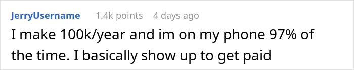 Screenshot of a social media post where an employee shares how to only work a week a month while earning 100k a year. Screenshot of a social media post where an employee shares how to only work a week a month while earning 100k a year.