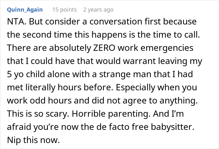 Screenshot of an online comment discussing concerns about a woman leaving her child with a stranger roommate due to a work emergency. Screenshot of an online comment discussing concerns about a woman leaving her child with a stranger roommate due to a work emergency.
