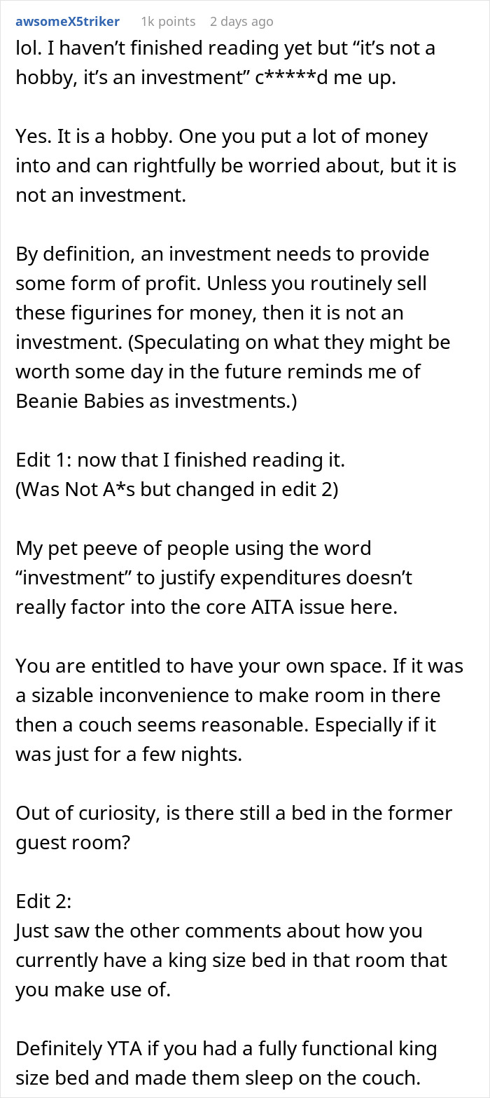 Comment discussing a miniature wargaming studio as a hobby versus investment in a family conflict context. Comment discussing a miniature wargaming studio as a hobby versus investment in a family conflict context.