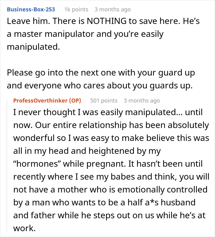 Alt text: Online discussion about a man gaslighting his pregnant wife, leading to regret and the failure of their marriage. Alt text: Online discussion about a man gaslighting his pregnant wife, leading to regret and the failure of their marriage.