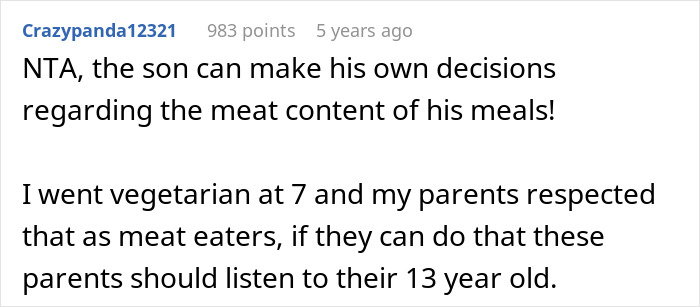 Comment on parents forcing teen son to be vegan and his choice to eat meat at a friend's house, sparking conflict. Comment on parents forcing teen son to be vegan and his choice to eat meat at a friend's house, sparking conflict.