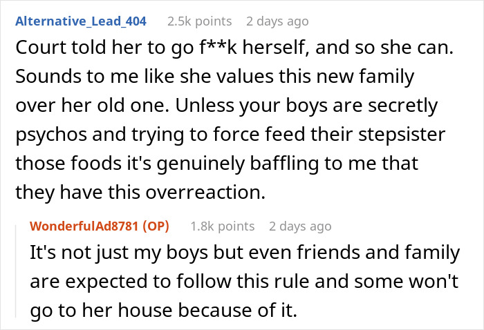Screenshot of a Reddit discussion about a dad refusing to change kids’ diet for their mom’s new husband. Screenshot of a Reddit discussion about a dad refusing to change kids’ diet for their mom’s new husband.