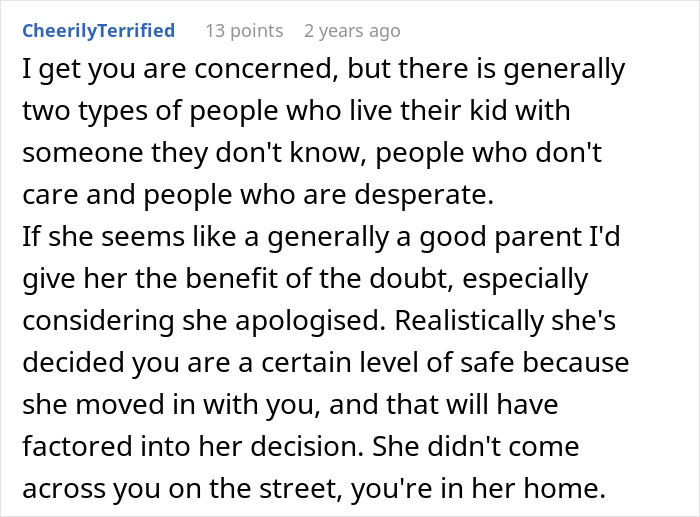 Reddit comment discussing woman leaving child with stranger roommate for work emergency, trust and parenting concerns. Reddit comment discussing woman leaving child with stranger roommate for work emergency, trust and parenting concerns.