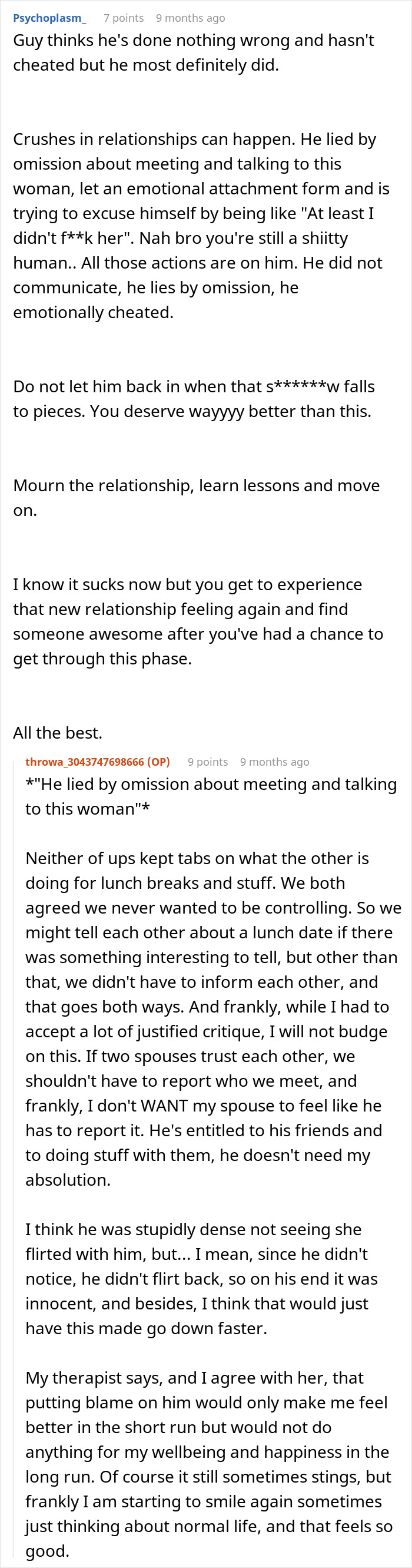 Online discussion about woman's husband leaving her after being hit on, exploring emotional cheating and relationship trust issues.