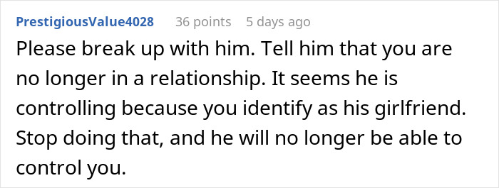 Screenshot of a Reddit comment advising to break up with a hypocrite guy in an open relationship who is controlling. Screenshot of a Reddit comment advising to break up with a hypocrite guy in an open relationship who is controlling.