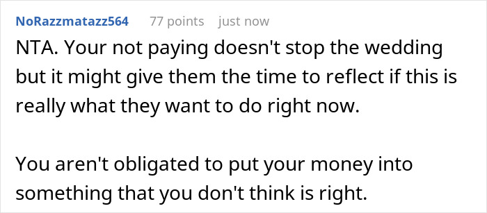 Comment text discussing wedding drama and refusal to fund after a groom fails fiancée's loyalty test. Comment text discussing wedding drama and refusal to fund after a groom fails fiancée's loyalty test.