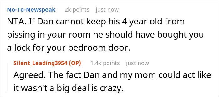 Reddit thread discussing mom’s new boyfriend’s kids wrecking teen’s room and peeing on clothes causing teen to move out. Reddit thread discussing mom’s new boyfriend’s kids wrecking teen’s room and peeing on clothes causing teen to move out.