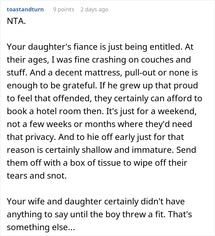 Text from an online forum where a user discusses a guy prioritizing his miniature wargaming studio over his daughter and her fiancé. Text from an online forum where a user discusses a guy prioritizing his miniature wargaming studio over his daughter and her fiancé.