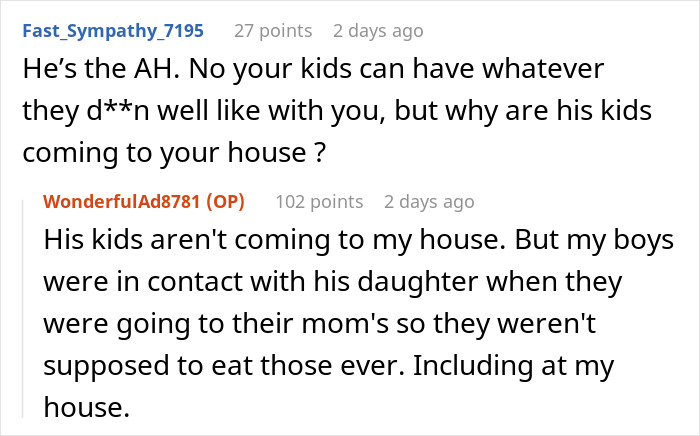 Screenshot of a Reddit conversation about dad refusing to change kids’ diet for ex’s new husband and visitation rules. Screenshot of a Reddit conversation about dad refusing to change kids’ diet for ex’s new husband and visitation rules.