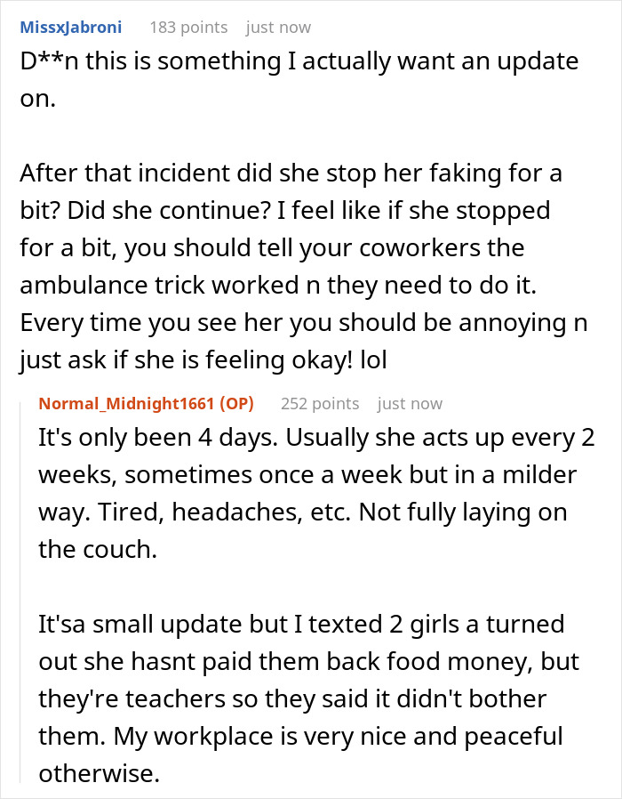 ALT text: Online discussion about ambulance arriving at office revealing a severe case of attention seeking behavior and reactions. ALT text: Online discussion about ambulance arriving at office revealing a severe case of attention seeking behavior and reactions.