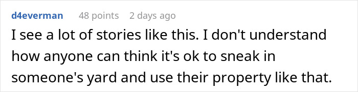 Comment discussing neighbors sending relatives to use a private pool without the homeowner’s consent. Comment discussing neighbors sending relatives to use a private pool without the homeowner’s consent.