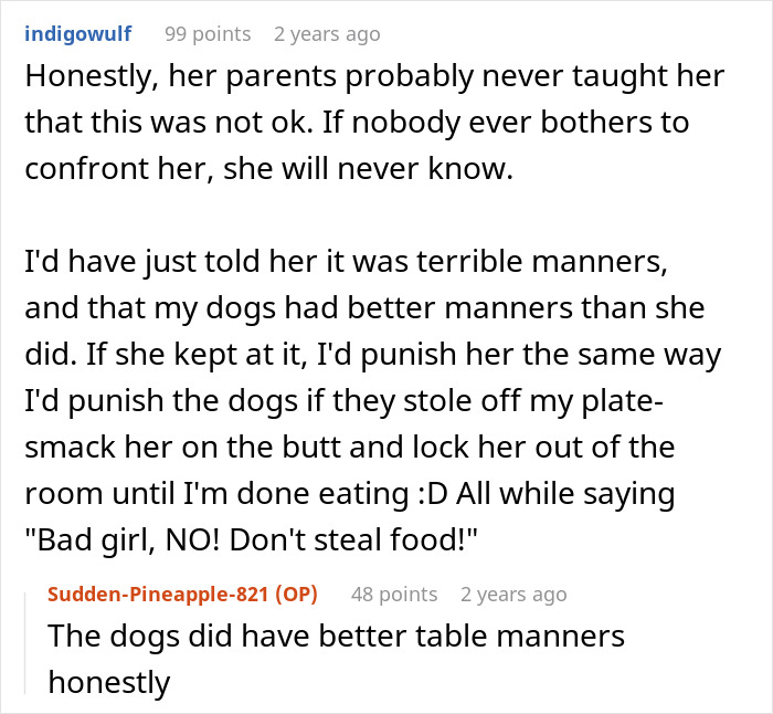 Screenshot of a Reddit conversation about a person getting revenge on a roommate stealing food from their plate. Screenshot of a Reddit conversation about a person getting revenge on a roommate stealing food from their plate.