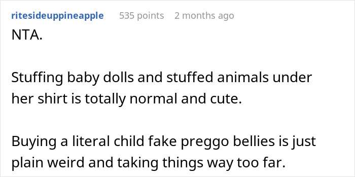 Alt text: Screenshot of a forum comment criticizing a pregnancy-obsessed 6-year-old’s weird gift from her MIL as strange and excessive. Alt text: Screenshot of a forum comment criticizing a pregnancy-obsessed 6-year-old’s weird gift from her MIL as strange and excessive.