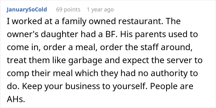 Comment describing a family-owned restaurant experience highlighting the need to hide wealth from dysfunctional families for safety. Comment describing a family-owned restaurant experience highlighting the need to hide wealth from dysfunctional families for safety.