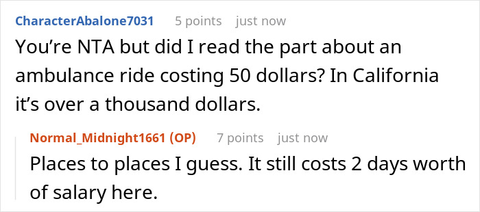 Screenshot of a Reddit conversation discussing ambulance costs and a severe case of attention seeking at an office setting. Screenshot of a Reddit conversation discussing ambulance costs and a severe case of attention seeking at an office setting.
