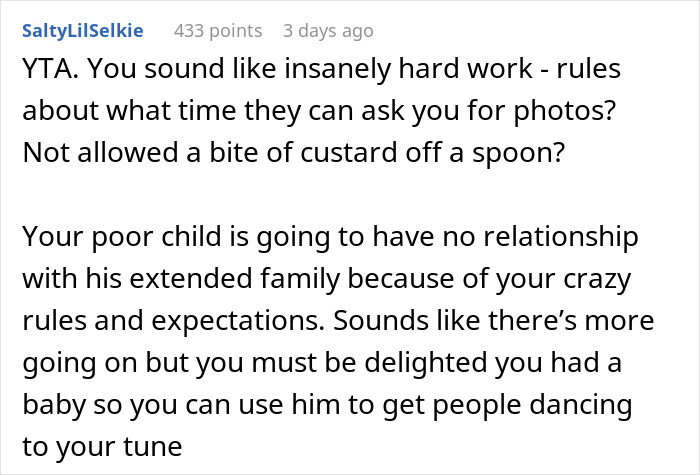 Commenter discussing keeping son away from grandmother after being fed custard, criticizing strict family rules and relationships. Commenter discussing keeping son away from grandmother after being fed custard, criticizing strict family rules and relationships.