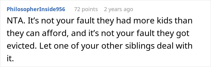 Screenshot of a Reddit comment discussing siblings turning on sister after she refuses to shelter brother’s family. Screenshot of a Reddit comment discussing siblings turning on sister after she refuses to shelter brother’s family.