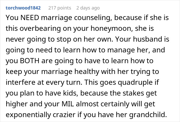 Comment warning about helicopter mom behavior ruining honeymoon with constant interference and calls from in-laws. Comment warning about helicopter mom behavior ruining honeymoon with constant interference and calls from in-laws.