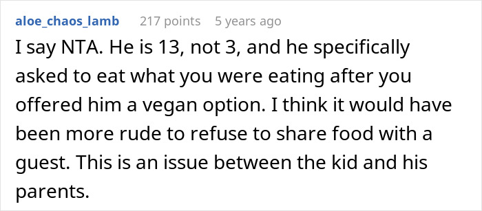 Screenshot of a social media comment discussing parents forcing teen son to be vegan and his choice to eat meat. Screenshot of a social media comment discussing parents forcing teen son to be vegan and his choice to eat meat.