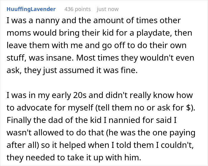 Text post discussing a nanny sharing experiences babysitting kids without pay, highlighting lack of boundaries. Text post discussing a nanny sharing experiences babysitting kids without pay, highlighting lack of boundaries.