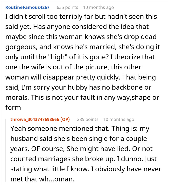 Alt text: Reddit conversation discussing woman's husband leaving her after being hit on for the first time in his life. Alt text: Reddit conversation discussing woman's husband leaving her after being hit on for the first time in his life.
