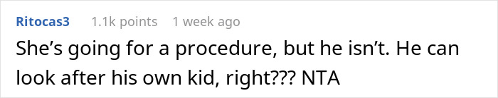 Screenshot of an online comment discussing a woman needing a babysitter and considering her husband’s ex as an option. Screenshot of an online comment discussing a woman needing a babysitter and considering her husband’s ex as an option.