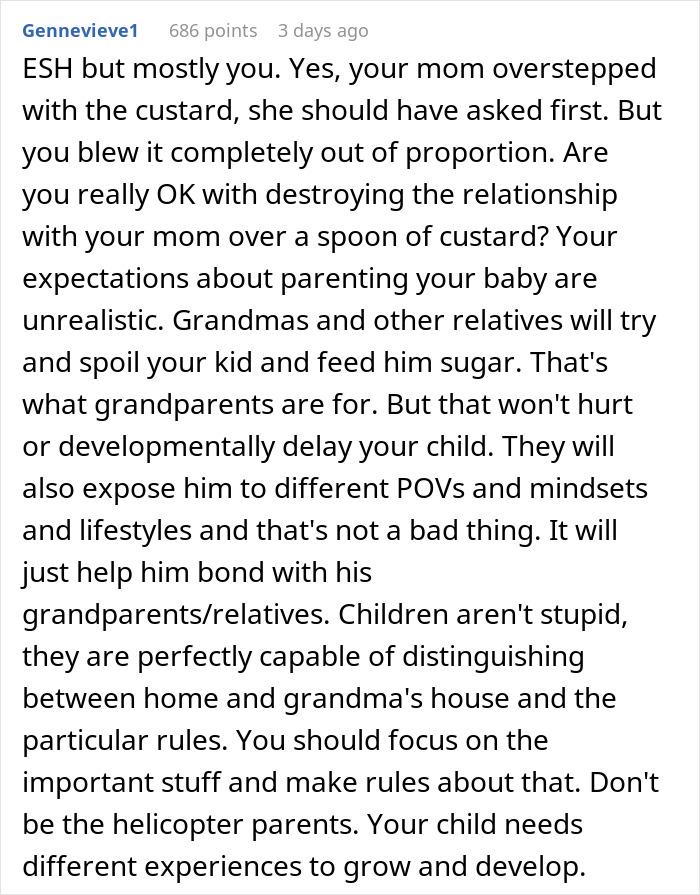 Reddit comment discussing keeping son away from grandmother after being fed custard and parenting expectations insights. Reddit comment discussing keeping son away from grandmother after being fed custard and parenting expectations insights.