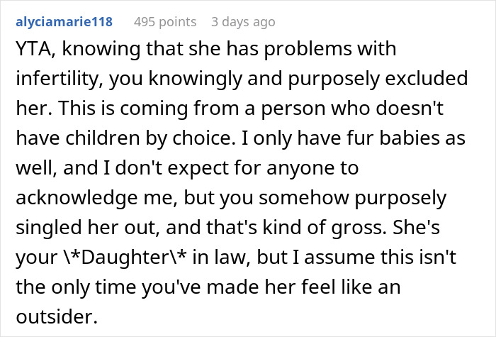 Reddit comment discussing dog mom DIL feeling excluded by MIL, demanding equal treatment with moms with kids. Reddit comment discussing dog mom DIL feeling excluded by MIL, demanding equal treatment with moms with kids.