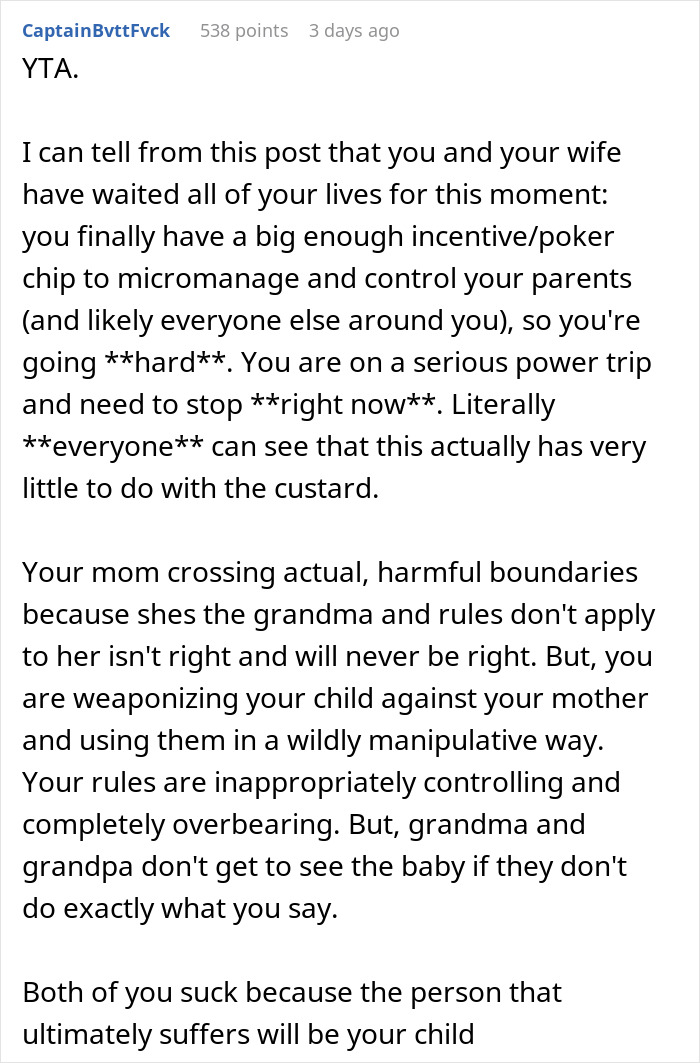 Text post commenting on keeping son away from grandmother after fed custard, discussing family boundaries and control issues. Text post commenting on keeping son away from grandmother after fed custard, discussing family boundaries and control issues.