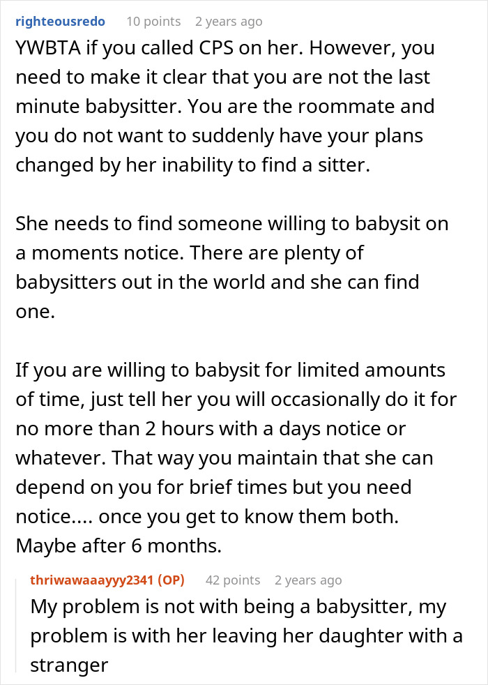 Reddit conversation discussing woman abandoning child with stranger roommate, raising concerns about work emergency babysitting. Reddit conversation discussing woman abandoning child with stranger roommate, raising concerns about work emergency babysitting.