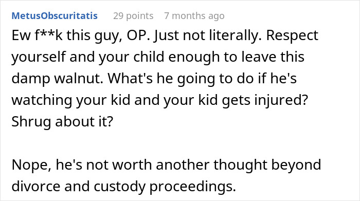 Comment expressing anger and advice about divorce and custody after husband ignores wife injured in ER. Comment expressing anger and advice about divorce and custody after husband ignores wife injured in ER.